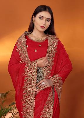 Silk blend red embroidered saree with blouse piece 2