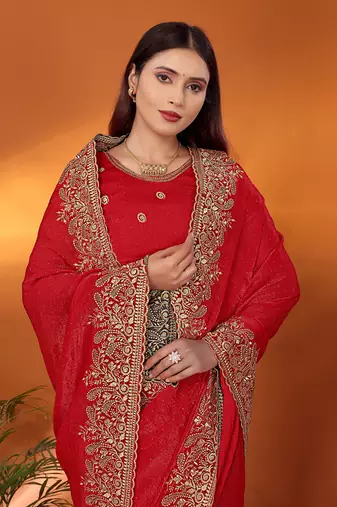 Silk blend red embroidered saree with blouse piece