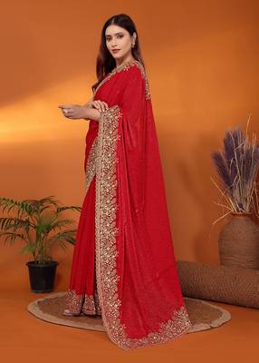 Silk blend red embroidered saree with blouse piece 3