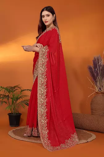 Silk blend red embroidered saree with blouse piece
