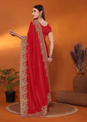 Silk blend red embroidered saree with blouse piece 4