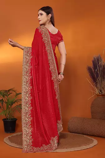 Silk blend red embroidered saree with blouse piece