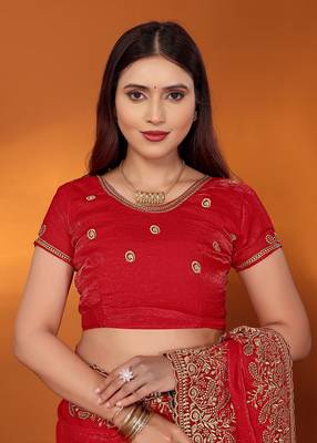 Silk blend red embroidered saree with blouse piece 5