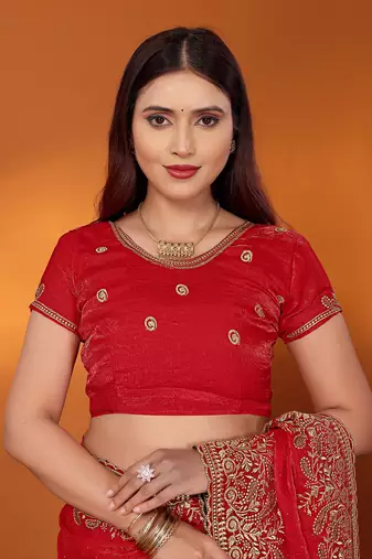 Silk blend red embroidered saree with blouse piece