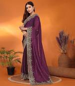 Silk blend wine embroidered saree with blouse piece