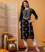 Hand embroidered black cotton lucknowi chikankari straight kurta