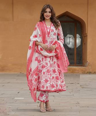 women red floral anarkali kurta pant and dupatta set 1