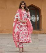 women red floral anarkali kurta pant and dupatta set