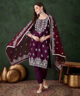 Purple Silk ChikanKari Embroidered Kurta Pant & Dupatta 1
