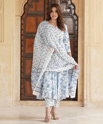 women blue floral anarkali kurta pant and dupatta set 1