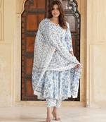 women blue floral anarkali kurta pant and dupatta set