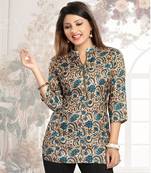 Beige printed Cotton Blend short-kurtis