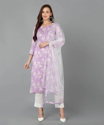 purple color printed rayon blend styles kurta trouser with dupatta 1