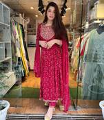 Jaipuri red embroidered naira cut indian pakistani salwar kameez kurti pant dupatta set