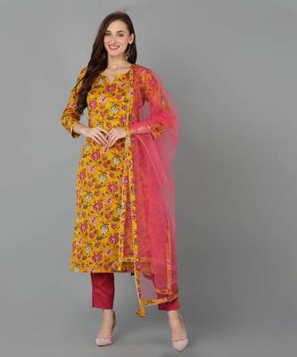 mustard color printed rayon blend styles kurta trouser with dupatta 1