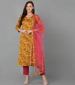 mustard color printed rayon blend styles kurta trouser with dupatta