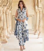 women blue floral straight kurta pant and dupatta set