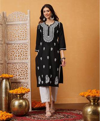 Hand embroidered black cotton lucknowi chikankari straight kurta 1