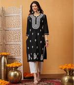 Hand embroidered black cotton lucknowi chikankari straight kurta