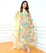 Jaipuri ivory multicolor cotton designer afgani party wear 3 piece suit for women