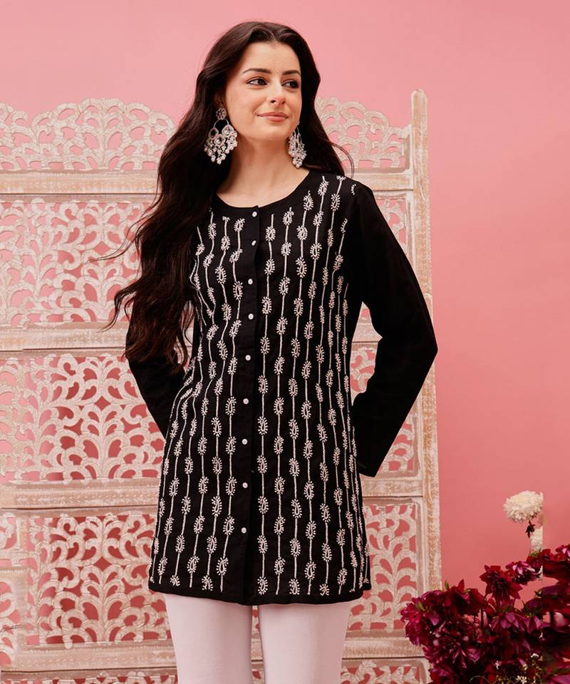 Hand embroidered black pure cotton lucknowi chikankari straight shirt