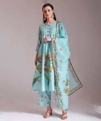  linen cotton sea green anarkali kurta dupatta pant set 1