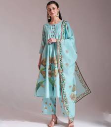  linen cotton sea green anarkali kurta dupatta pant set