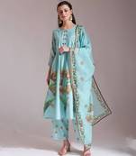  linen cotton sea green anarkali kurta dupatta pant set