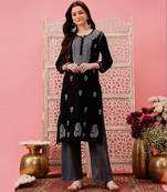 Hand embroidered black cotton lucknowi chikankari straight kurta