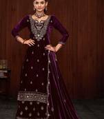 Purple heavy velvet embrodiered semi stitched festive suits