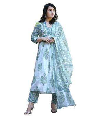 Jaipuri white and green cotton printed kurta with pant and dupatta 1