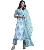 Jaipuri white and green cotton printed kurta with pant and dupatta