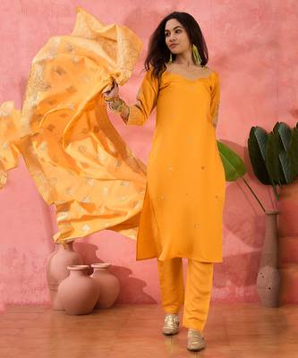 Embroidered notch neck sequined a-line kurta with trouser & dupatta 8