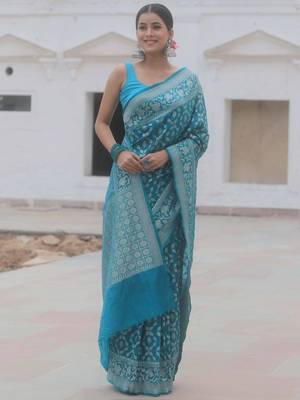 Blue Banarasi Soft art Silk Woven Saree With Blouse 3