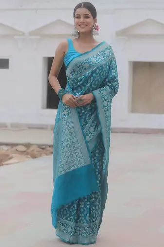 Blue Banarasi Soft art Silk Woven Saree With Blouse