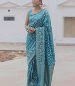 Blue Banarasi Soft art Silk Woven Saree With Blouse