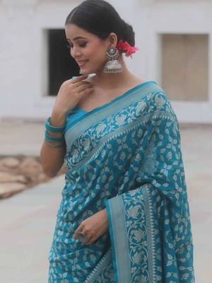 Blue Banarasi Soft art Silk Woven Saree With Blouse 5