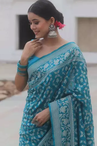 Blue Banarasi Soft art Silk Woven Saree With Blouse