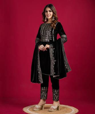 Black Viscos Velvet Embroidery Work Full Sleeve Fully Stitched Ready To Wear Kurti Set 1