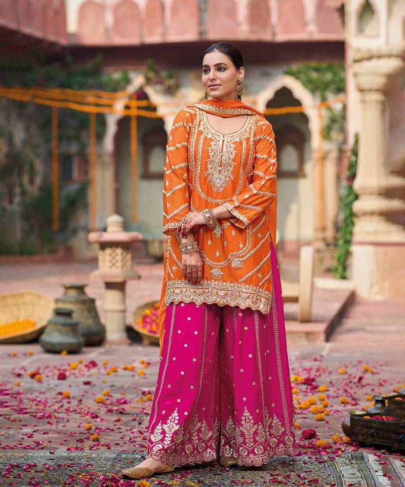 Orange premium embroidered chinon readymade salwar suit (free size)