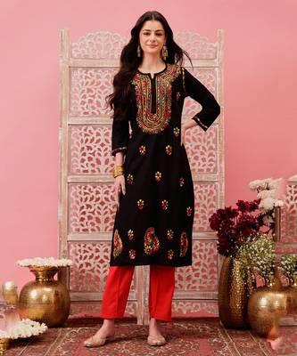 Hand embroidered black cotton lucknowi chikankari straight kurta 1