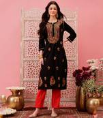 Hand embroidered black cotton lucknowi chikankari straight kurta