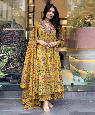 Jaipuri yellow women's cotton blend anarkali printed kurta with palazzo & dupatta 1