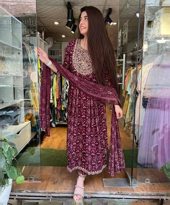 Jaipuri mahroon embroidemahroon naira cut indian pakistani salwar kameez kurti pant dupatta set 1