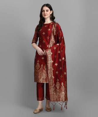  women silk blend kurta pant dupatta set 1