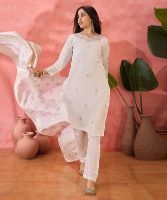Embroidered notch neck sequined a-line kurta with trouser & dupatta 1
