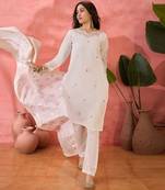 Embroidered notch neck sequined a-line kurta with trouser & dupatta