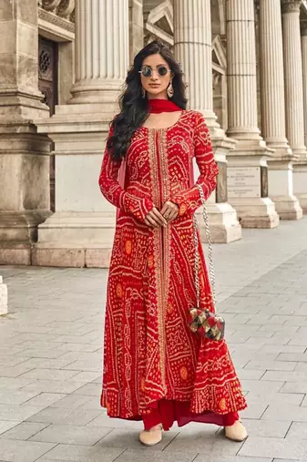 Red faux georgette printed embroidered salwar suit (free size)