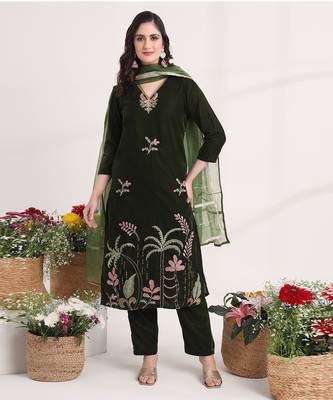 olive straight embroidery kurta and trouser with dupatta set 1