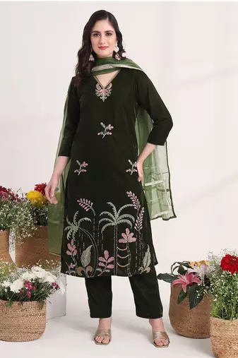 Yufta olive straight embroidery kurta and trouser with dupatta set